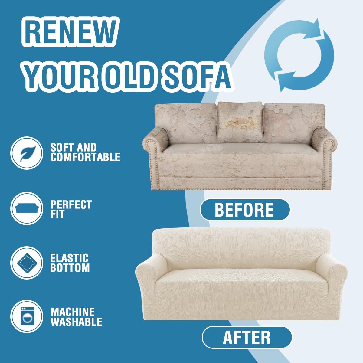 H.VERSAILTEX 2024 Newest Jacquard Couch Covers for 3 Cushion Couch 1 Piece Stretch Sofa Covers Furniture Protector Anti-Slip Soft Thickened Dogs Slipcovers Washable Crizzle Pattern(Sofa, Ivory)