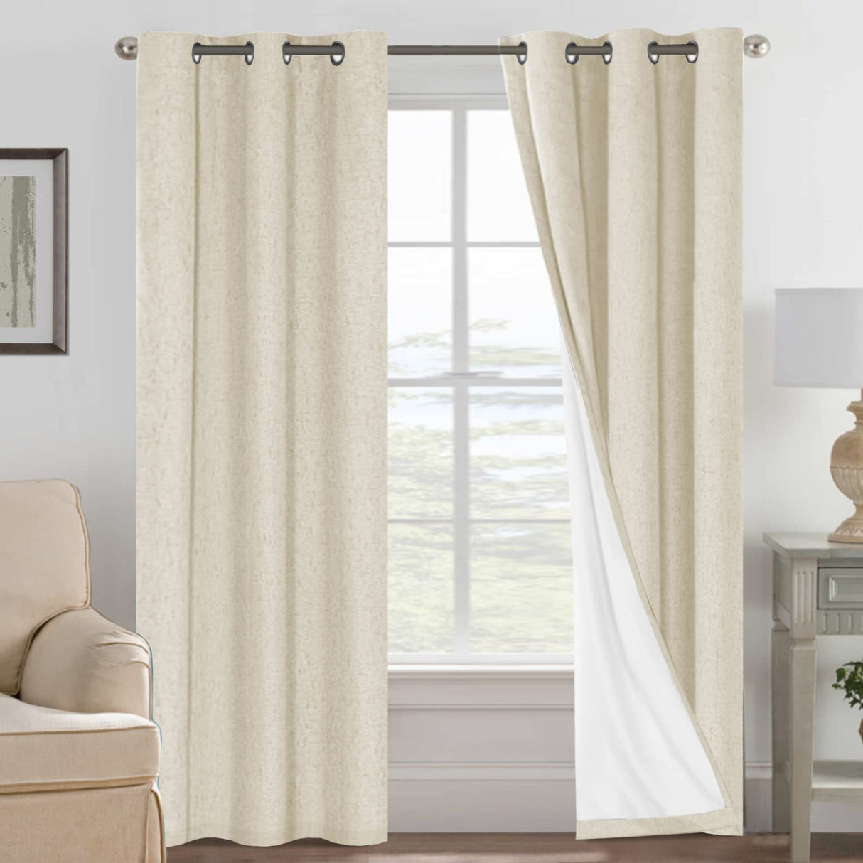 H.Versailtex Linen Blackout Thermal Insulated White Liner Grommet Top Small Window Curtains