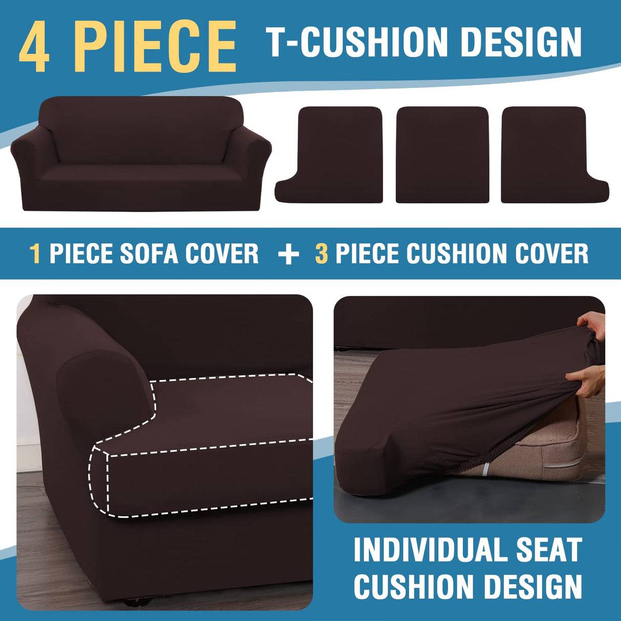 PrimeBeau 4 Pieces T Cushion Sofa Slipcovers Couch Cover for 3 Cushion Couch Non Slip Super Stretch Soft Washable Furniture Protector with 3 Individual T Cushion Covers