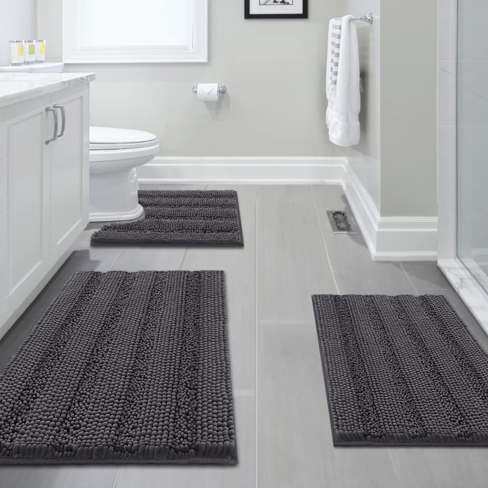 PrimeBeau 3 Piece Thick Striped Bathroom Rugs Set Non Slip Absorbent Soft Bath Mat (17''x24''+20''x32''+20''x24'' U-Shaped)