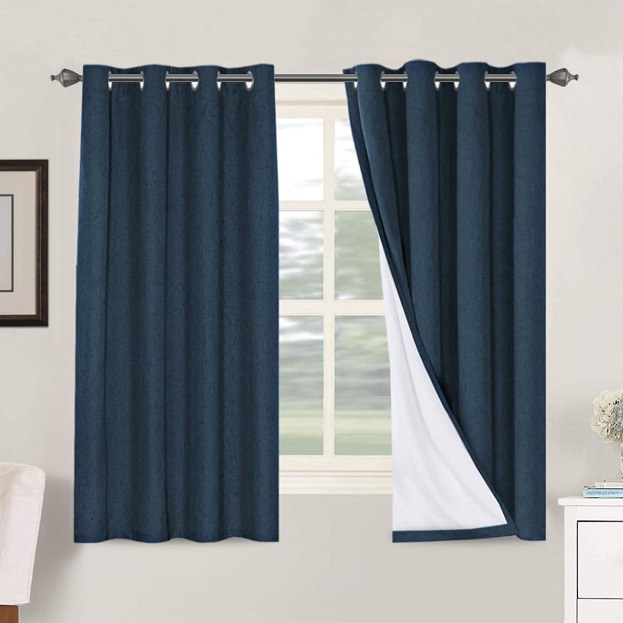 H.VERSAILTEX Linen Blackout Curtains 63 Inches Long 100% Absolutely Blackout Thermal Insulated Textured Linen Look Curtain Draperies Anti-Rust Grommet, Energy Saving with White Liner, 2 Panels, Navy