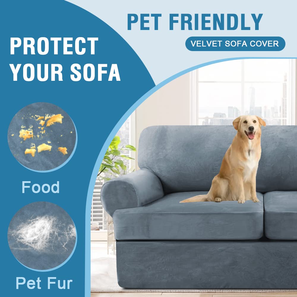 PrimeBeau Sofa Cover 3 Pieces T Cushion Loveseat Slipcovers Thick Velvet Couch Cover Furniture Protector Stretch T Cushion Sofa Covers for 2 Cushion Couch with 2 T Cushion Covers Washable