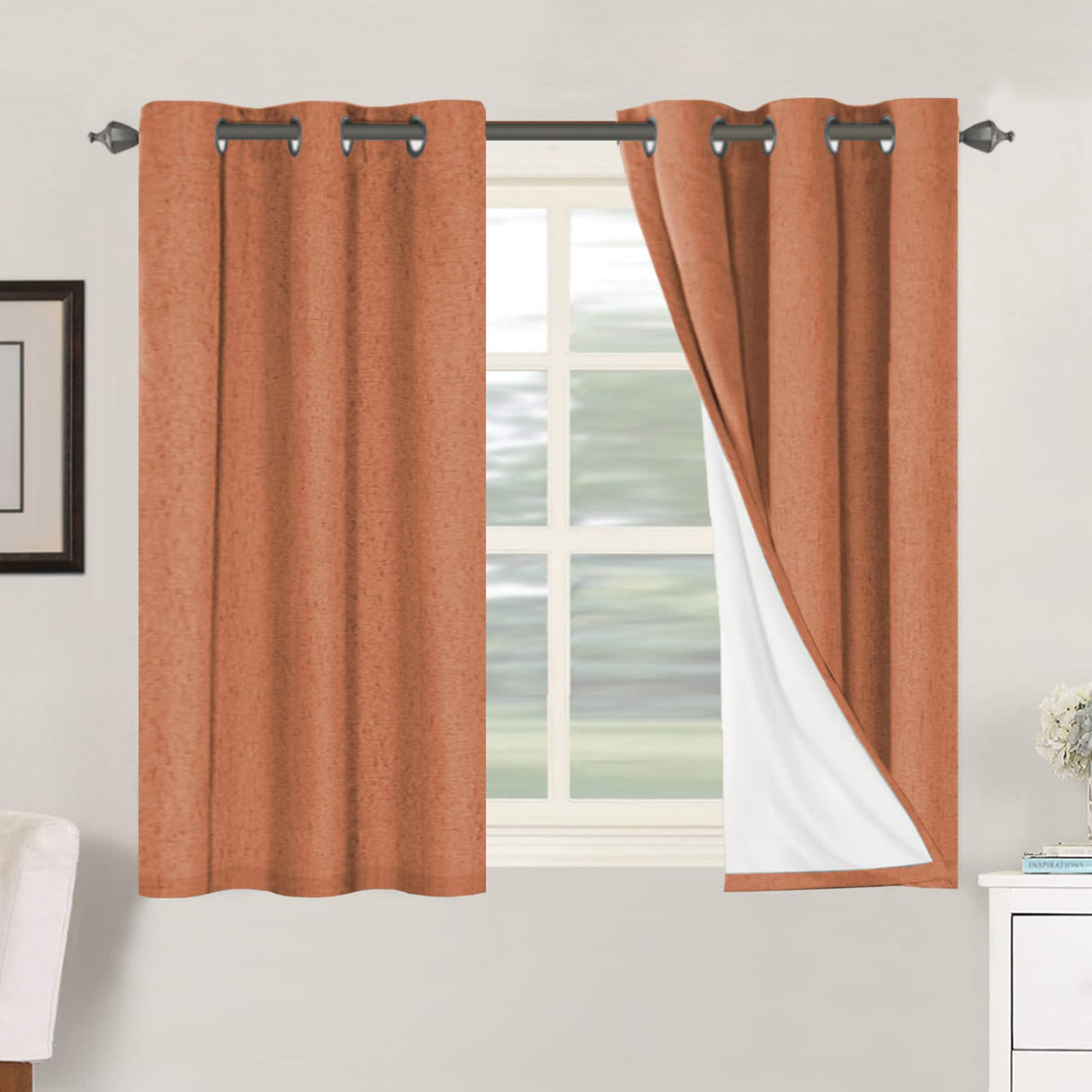 H.Versailtex Linen Blackout Thermal Insulated White Liner Grommet Top Small Window Curtains