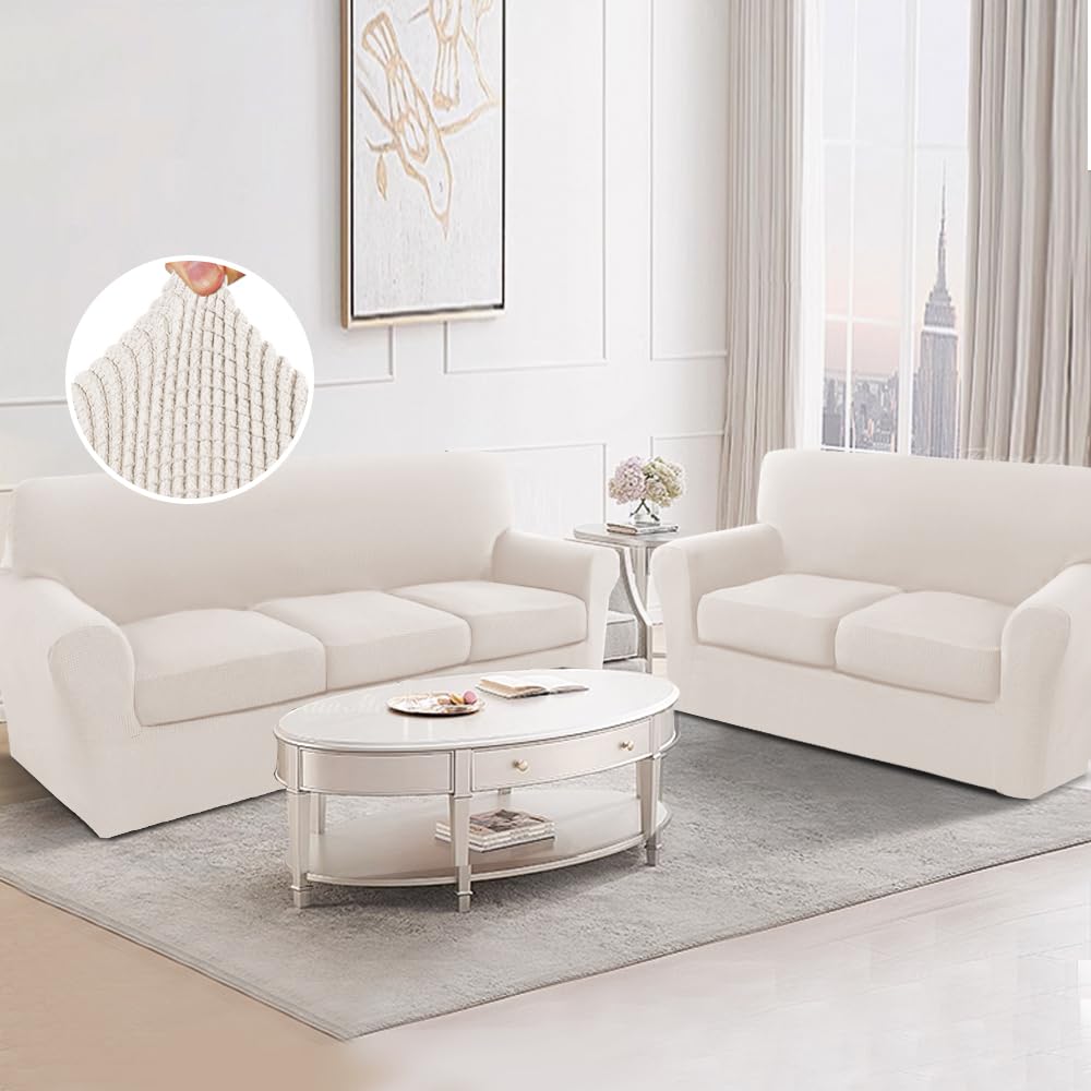 PrimeBeau Couch Cover Sets for Sofa Plus Loveseat, Stretch 4 Piece Sofa Covers for 3 Cushion Couch/3 Piece Loveseat Covers for 2 Cushion Couch with Thicker Jacquard Fabric(Total 7 Pieces)