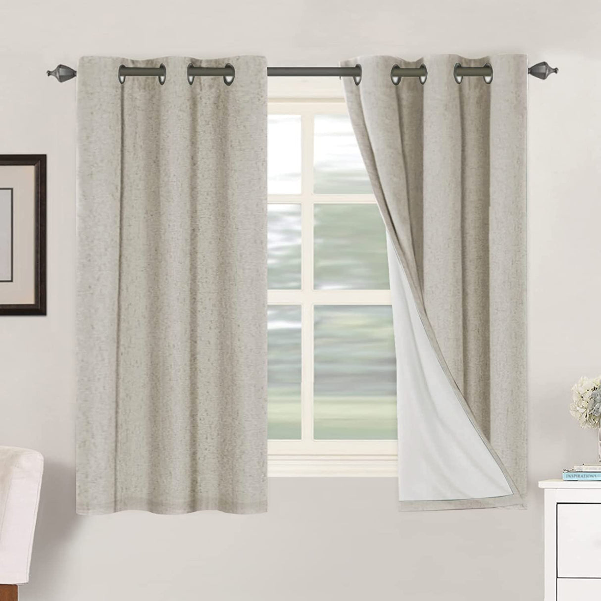 H.Versailtex Linen Blackout Thermal Insulated White Liner Grommet Top Small Window Curtains