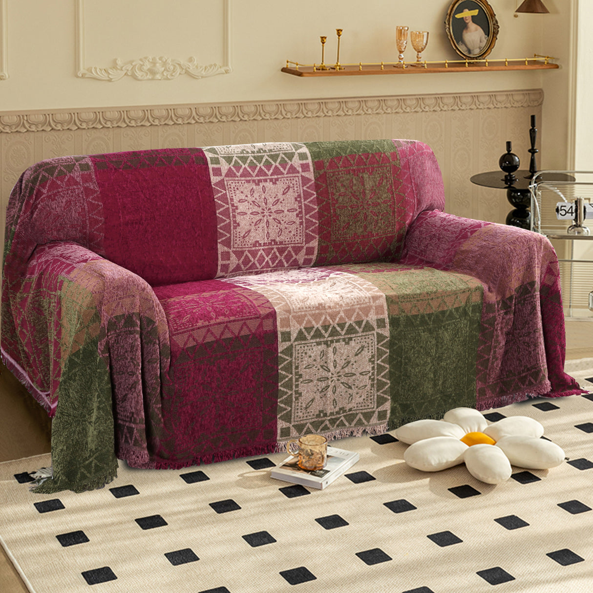 Premier Bohemian Cotton Sofa Cover Washable Throw Cover in Hippie-inspired Chenille Jacquard Fabric (71'' x 118'')