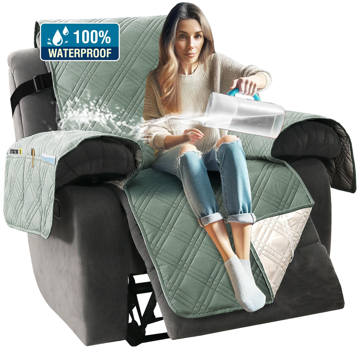 H.VERSAILTEX 100% Waterproof Recliner Cover 1-Piece Reversible Lazy Boy Recliner Chair Covers Furniture Protector with Elastic Straps for Pets Kids Sitting Width Up to 23" (Recliner, Lily Pad/Beige)