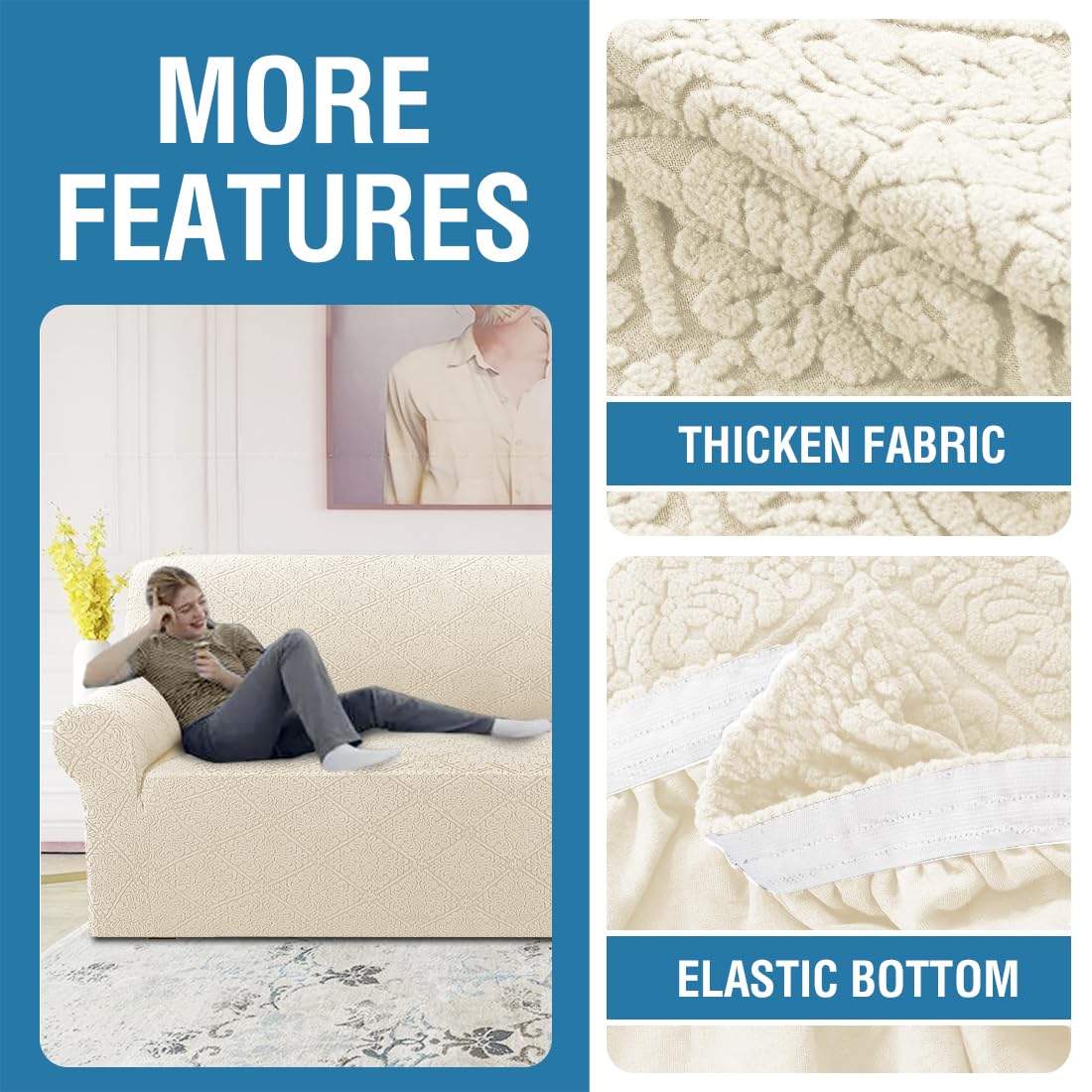 H.VERSAILTEX 2024 Newest Jacquard Couch Covers for 3 Cushion Couch 1 Piece Stretch Sofa Covers Furniture Protector Anti-Slip Soft Thickened Dogs Slipcovers Washable Damask Pattern(Sofa, Ivory)