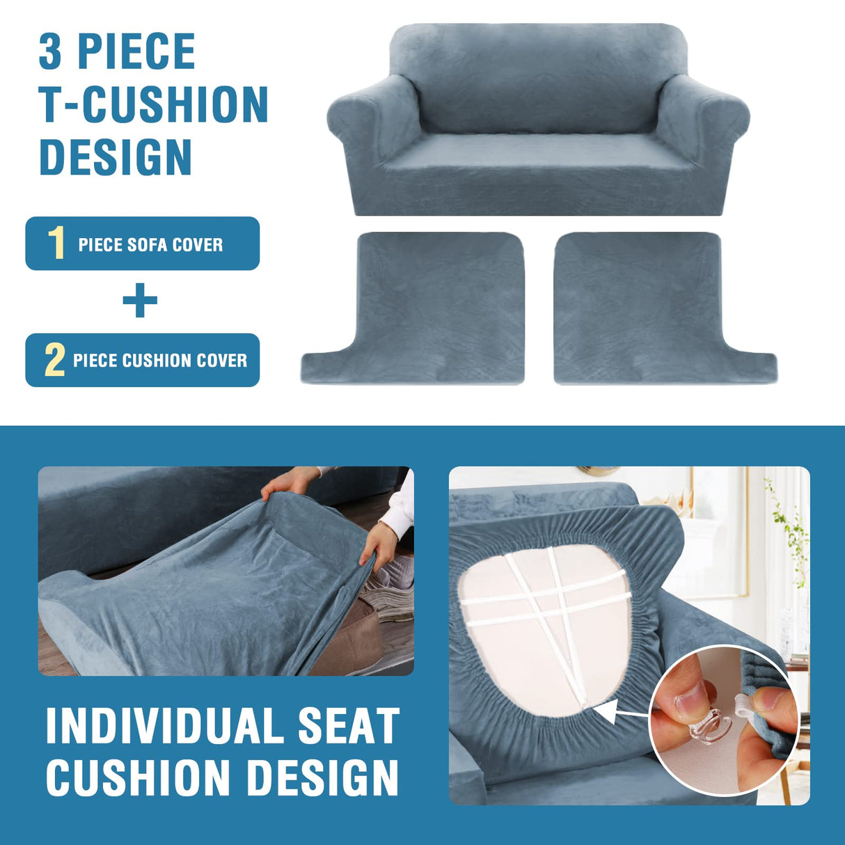 PrimeBeau Sofa Cover 3 Pieces T Cushion Loveseat Slipcovers Thick Velvet Couch Cover Furniture Protector Stretch T Cushion Sofa Covers for 2 Cushion Couch with 2 T Cushion Covers Washable