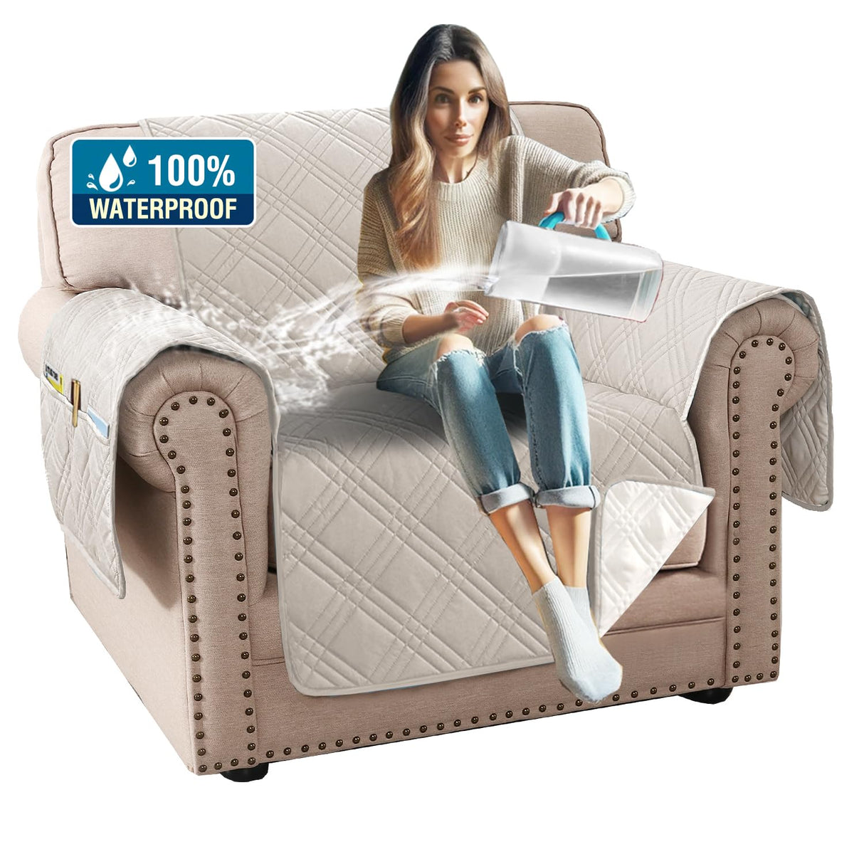 PrimeBeau 100% Waterproof Armchair Covers Washable,Thick Soft Couch Cover for Dogs with Elastic Straps (Armchair, Diamond Shape)