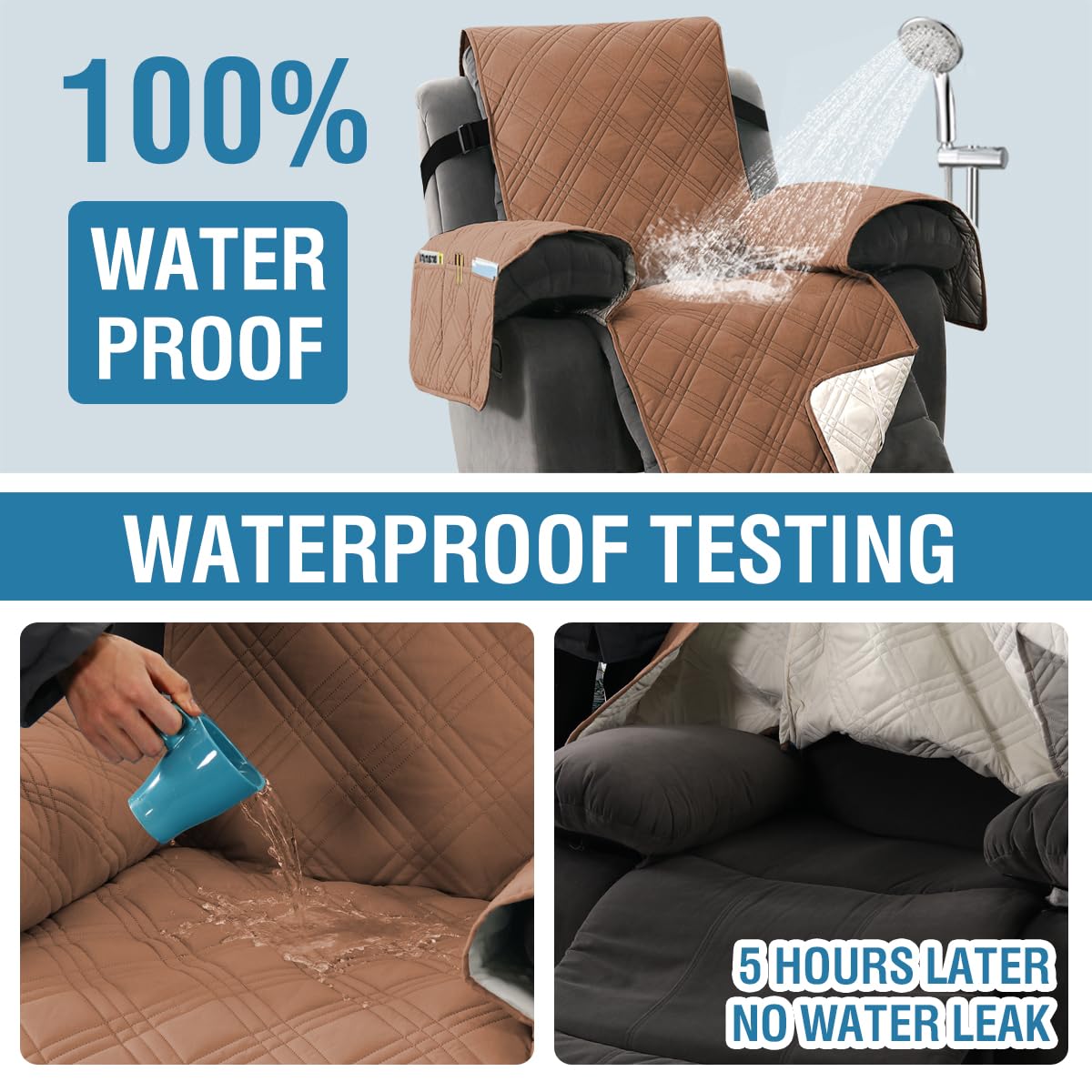 H.VERSAILTEX 100% Waterproof Recliner Chair Covers Large Size Oversized 1-Piece Recliner Covers for Large Recliner with Elastic Straps Sitting Width Up to 28" (Oversized Recliner, Terracotta/Beige)