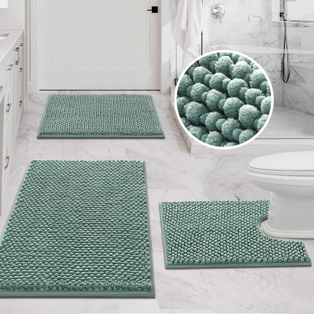 PrimeBeau 3-Piece Aqua Foam Bathroom Rugs Set | Non-Slip, Extra Absorbent Bath Mats for Tub & Shower | Soft Chenille, Vibrant Decor & Easy Care | 17''x24''+20''x32''+20''x24'' U-Shaped