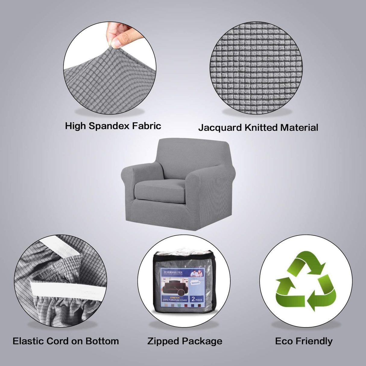 PrimeBeau 2 Pieces Chair Covers for Armchair &Oversize Armchair Covers for Living Room Furniture Cover Suit for T Cushion/Box Cushion, Spandex Jacquard Fabric Small Checks