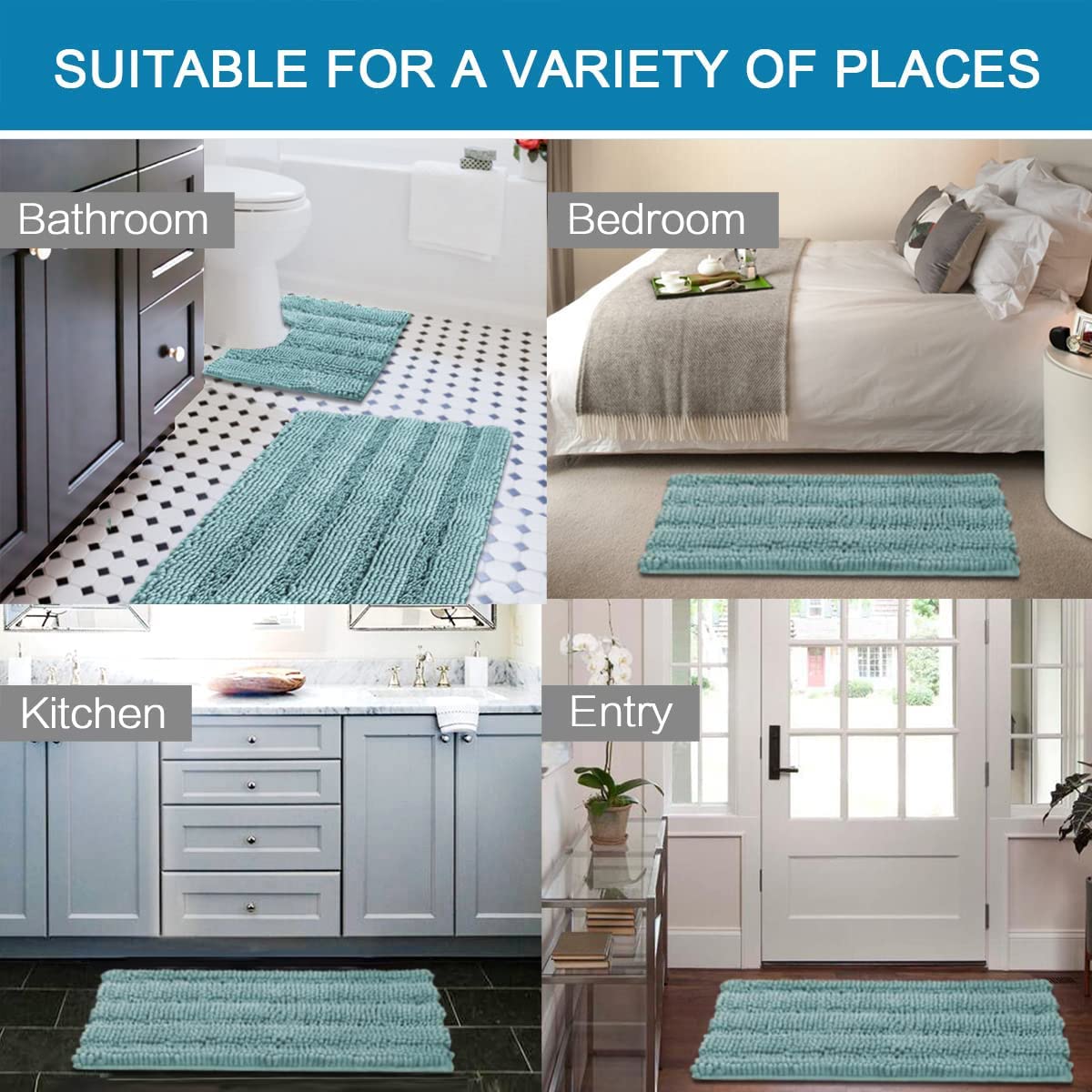 PrimeBeau 3 Piece Thick Striped Bathroom Rugs Set Non Slip Absorbent Soft Bath Mat (17''x24''+20''x32''+20''x24'' U-Shaped)