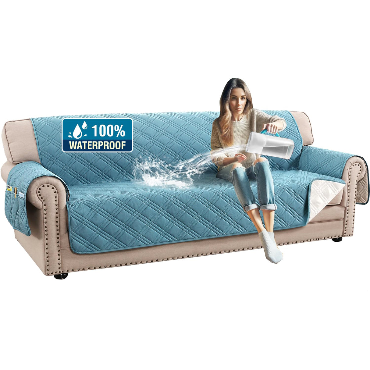 PrimeBeau 100% Waterproof Sofa Covers Washable,Thick Soft Couch Cover for Dogs with Elastic Straps (Sofa & Oversize Sofa, Diamond Shape)