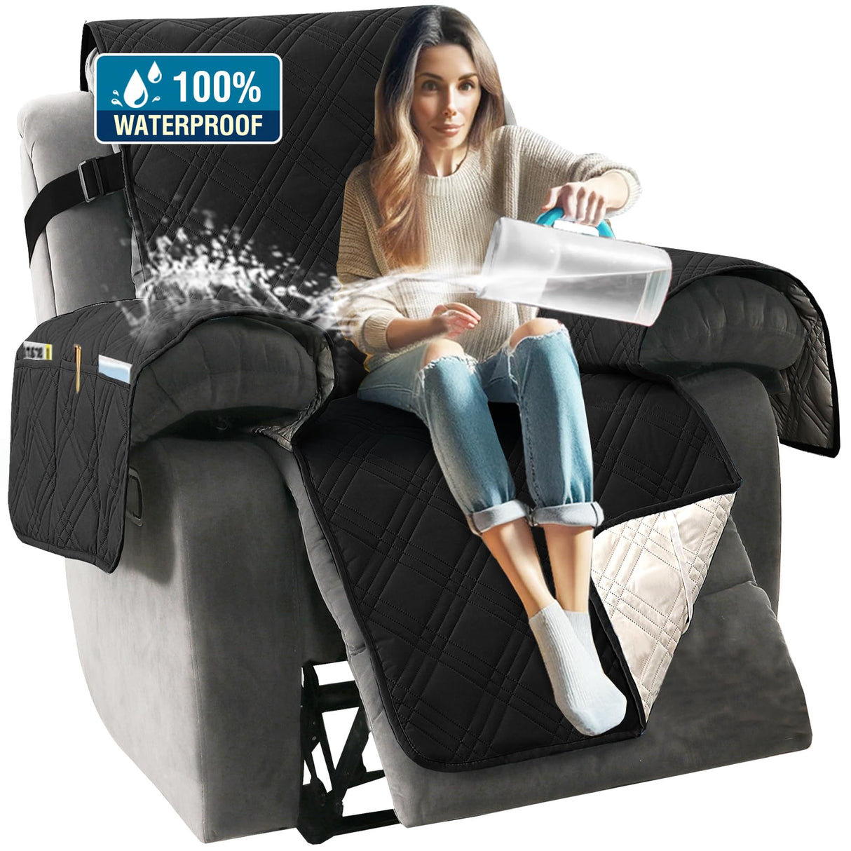 H.VERSAILTEX 100% Waterproof Slip Covers for Recliners with Arms 1-Piece Reversible Recliner Covers for Large Recliner with Elastic Straps Sitting Width Up to 28" (Oversized Recliner, Black/Beige)