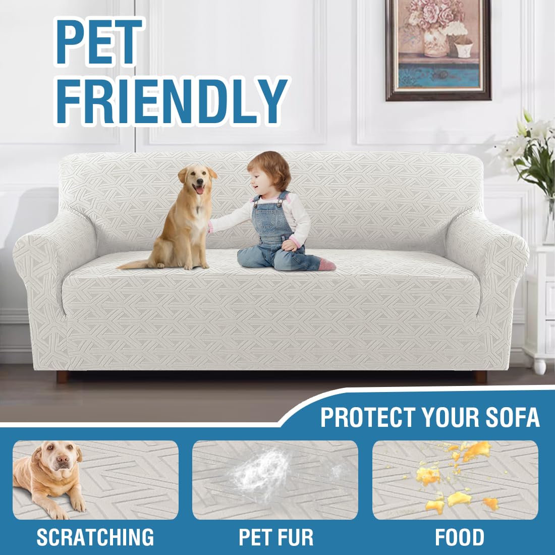 H.VERSAILTEX 2024 Newest Jacquard Couch Covers for 3 Cushion Couch 1 Piece Stretch Sofa Covers Furniture Protector Anti-Slip Soft Thickened Dogs Slipcovers Washable Diamond Pattern(Sofa, Pale Oak)