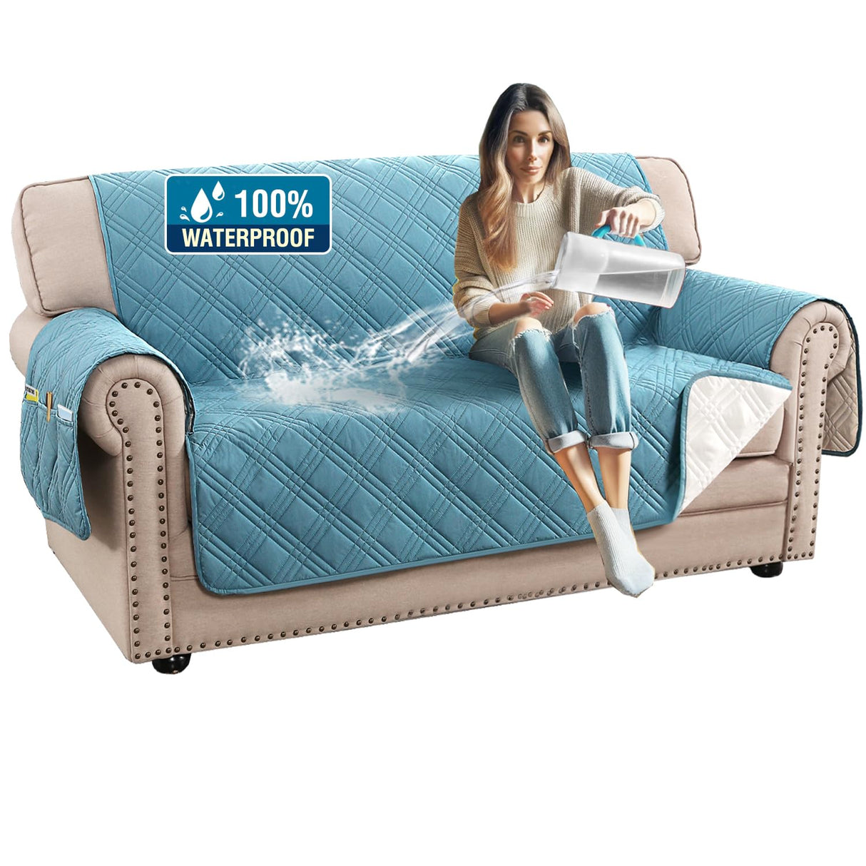 PrimeBeau 100% Waterproof Loveseat Covers Washable,Thick Soft Couch Cover for Dogs with Elastic Straps (Loveseat, Diamond Shape)