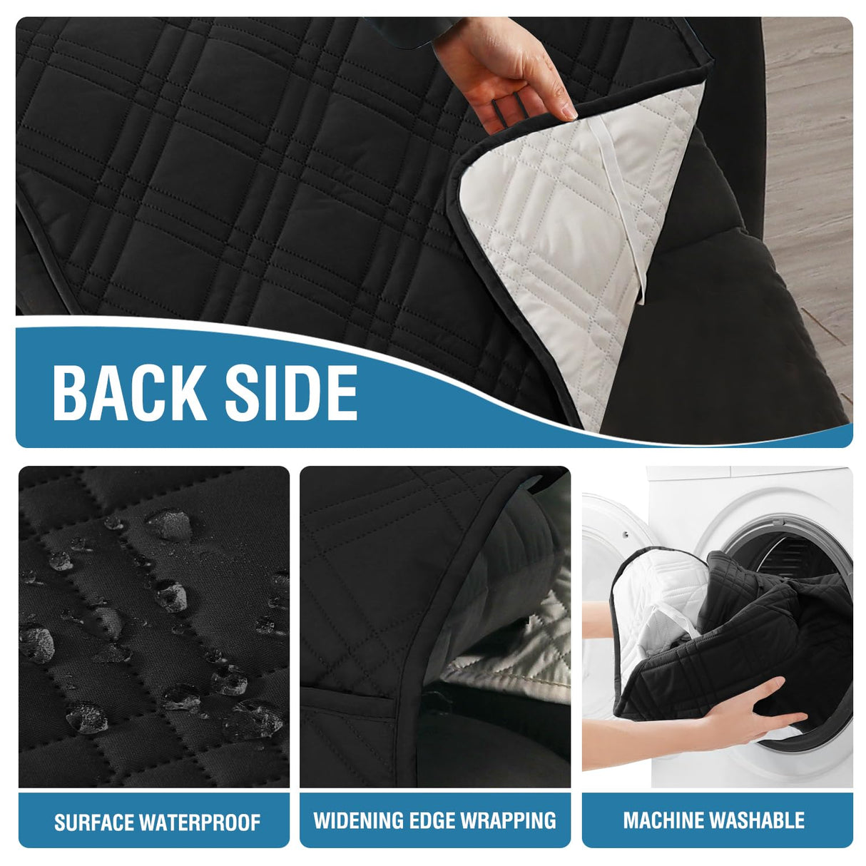 H.VERSAILTEX 100% Waterproof Couch Covers for Reclining Couches Reversible Recliner Chair Covers Furniture Protector with Elastic Straps for Pets Kids Sitting Width Up to 23" (Recliner, Black/Beige)