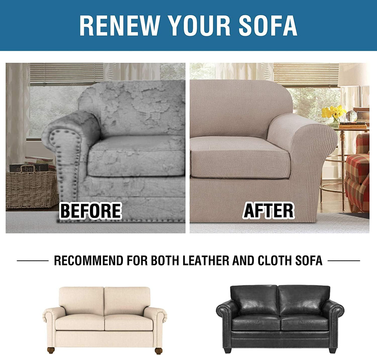 H.VERSAILTEX 3 Piece Stretch Sofa Covers for 2 Cushion Sofa Couch Covers for Living Room Furniture Cover (Base Cover Plus 2 Seat Cushion Covers) Thicker Jacquard Fabric(Large Sofa, Sand)