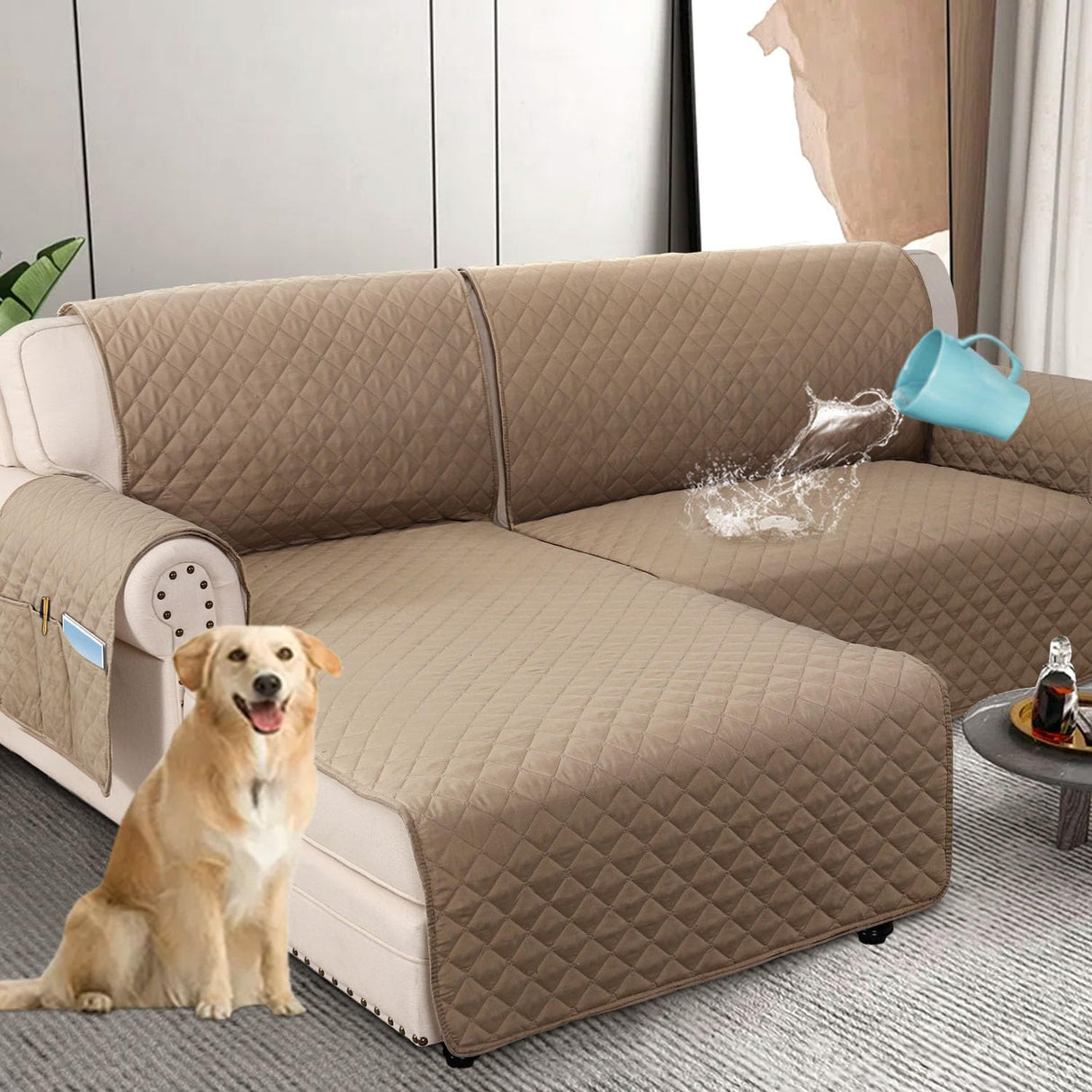 PrimeBeau 100% Waterproof Sectional Couch Covers 2-Piece Couch Cover L Shape Sofa Covers Washable for Dogs Non Slip (Loveseat)