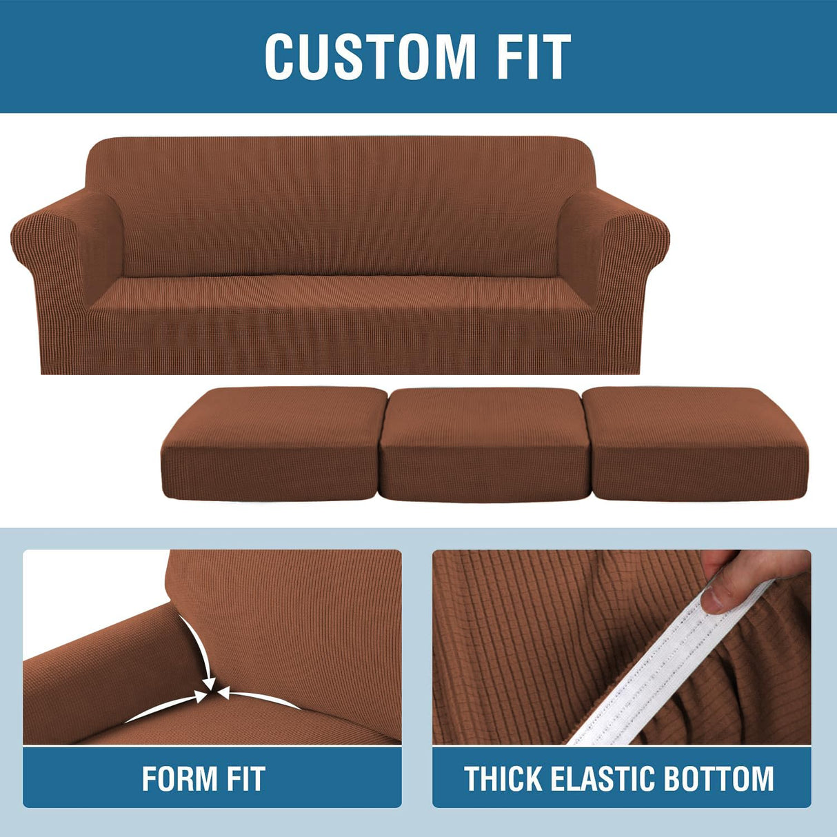 H.VERSAILTEX 4 Piece Stretch Sofa Covers for 3 Cushion Couch Covers for Living Room Furniture Slipcovers (Base Cover Plus 3 Seat Cushion Covers) Upgraded Thicker Jacquard Fabric (Sofa, Caramel)