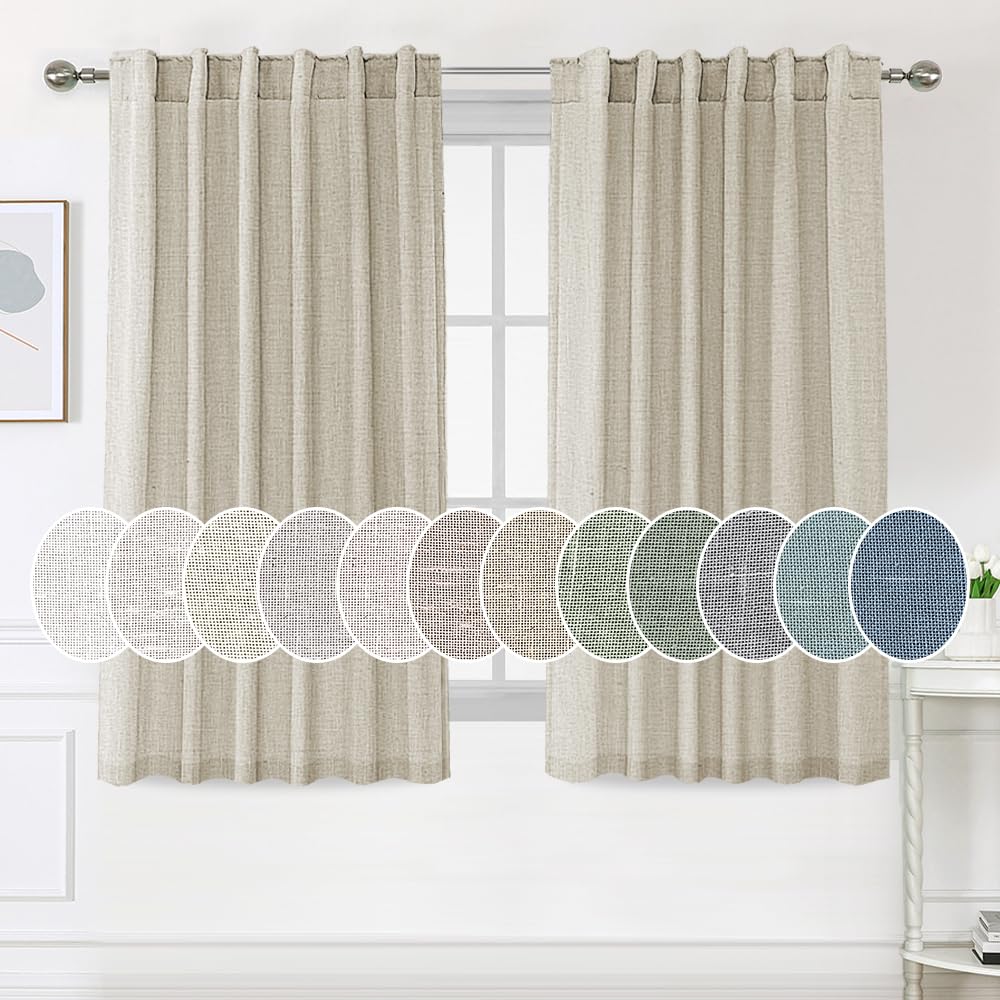 PrimeBeau Natural Linen Curtains 2 Panels Back Tab Loop Pocket Boho Sheer Curtain