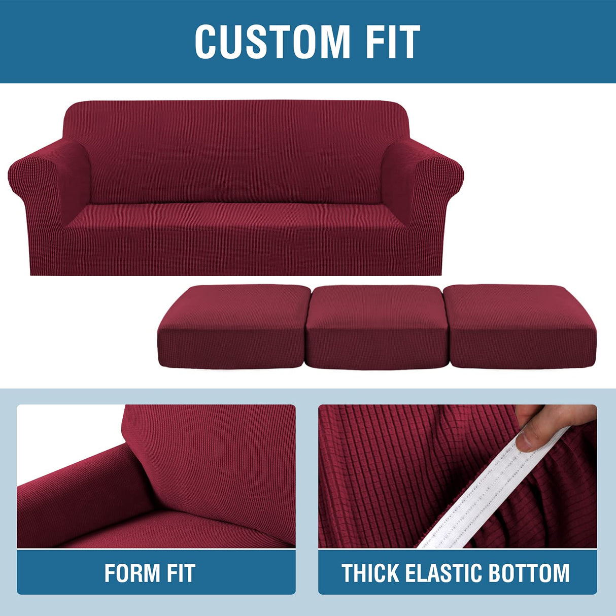 H.VERSAILTEX 4 Piece Stretch Sofa Covers for 3 Cushion Couch Covers for Living Room Furniture Slipcovers (Base Cover Plus 3 Seat Cushion Covers) Upgraded Thicker Jacquard Fabric (Sofa, Burgundy)