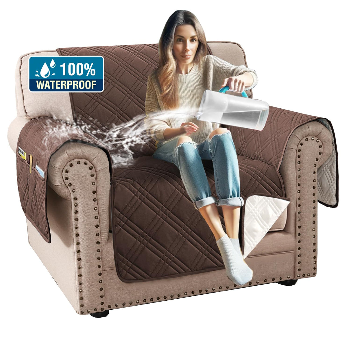 PrimeBeau 100% Waterproof Armchair Covers Washable,Thick Soft Couch Cover for Dogs with Elastic Straps (Armchair, Diamond Shape)