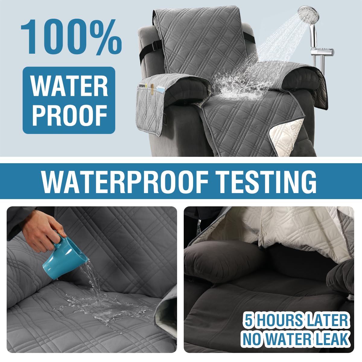 H.VERSAILTEX 100% Waterproof Recliner Cover 1-Piece Reversible Lazy Boy Recliner Chair Covers Furniture Protector with Elastic Straps for Pets Kids Sitting Width Up to 23" (Recliner, Grey/Beige)