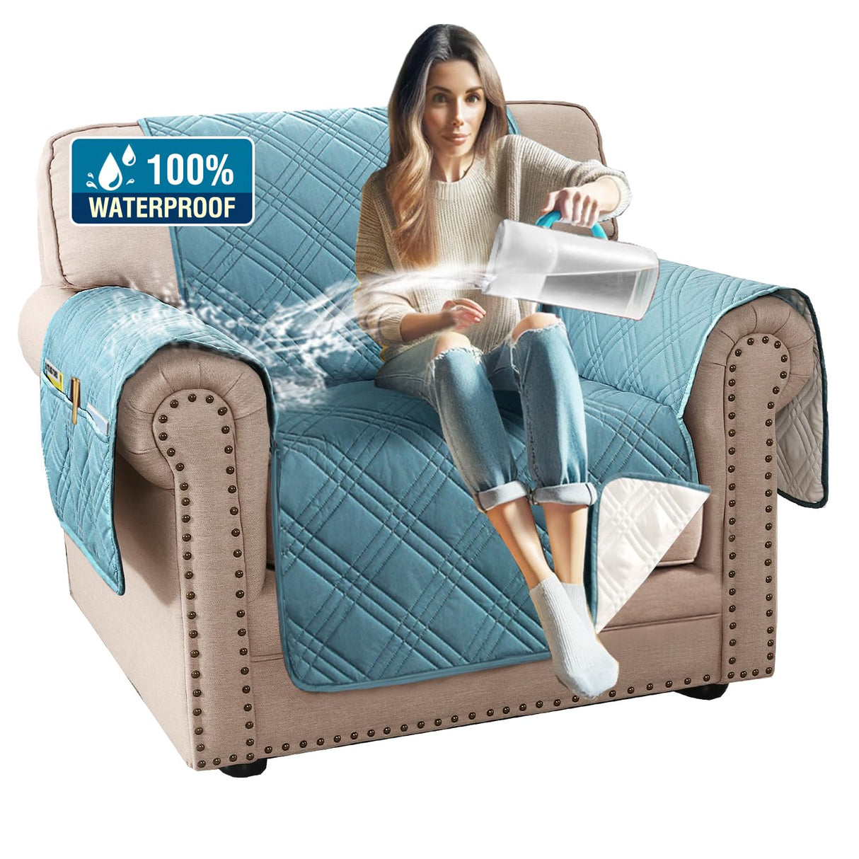 PrimeBeau 100% Waterproof Armchair Covers Washable,Thick Soft Couch Cover for Dogs with Elastic Straps (Armchair, Diamond Shape)