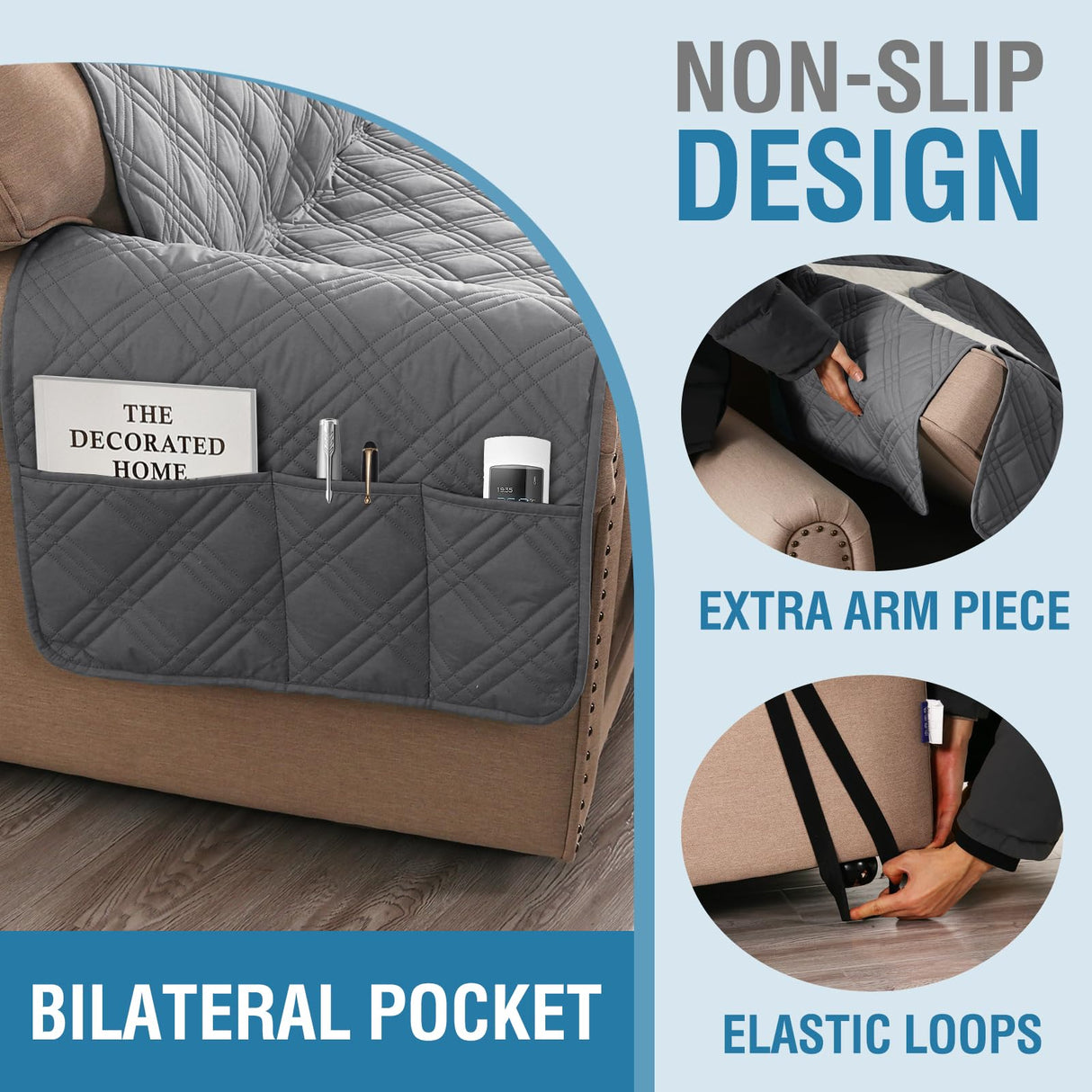 H.VERSAILTEX 100% Waterproof Recliner Cover 1-Piece Reversible Lazy Boy Recliner Chair Covers Furniture Protector with Elastic Straps for Pets Kids Sitting Width Up to 23" (Recliner, Grey/Beige)