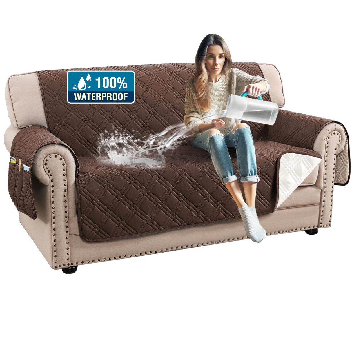 PrimeBeau 100% Waterproof Loveseat Covers Washable,Thick Soft Couch Cover for Dogs with Elastic Straps (Loveseat, Diamond Shape)