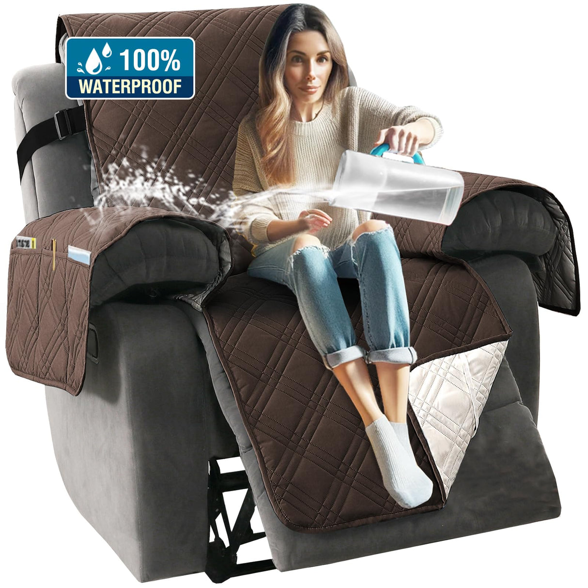 H.VERSAILTEX 100% Waterproof Oversized Recliner Cover 1-Piece Reversible Recliner Covers for Large Recliner with Elastic Straps Sitting Width Up to 28" (Oversized Recliner, Brown/Beige)
