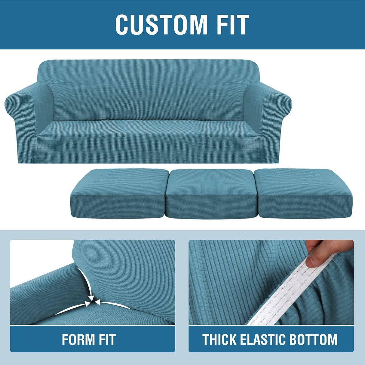 H.VERSAILTEX 4 Piece Stretch Sofa Covers for 3 Cushion Couch Covers for Living Room Furniture Slipcovers (Base Cover Plus 3 Seat Cushion Covers) Upgraded Thicker Jacquard Fabric (XL Sofa, Storm Blue)