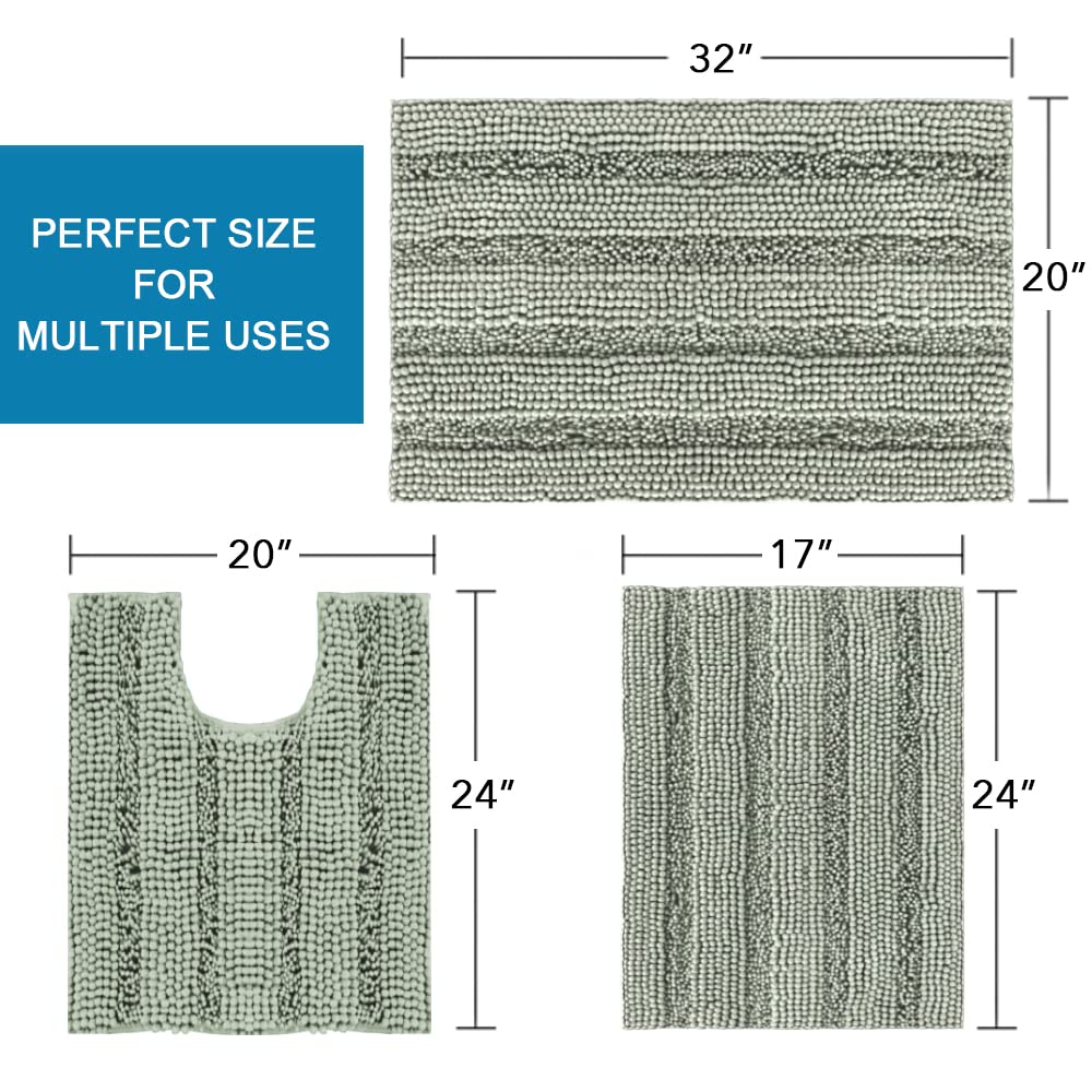 PrimeBeau 3 Piece Thick Striped Bathroom Rugs Set Non Slip Absorbent Soft Bath Mat (17''x24''+20''x32''+20''x24'' U-Shaped)