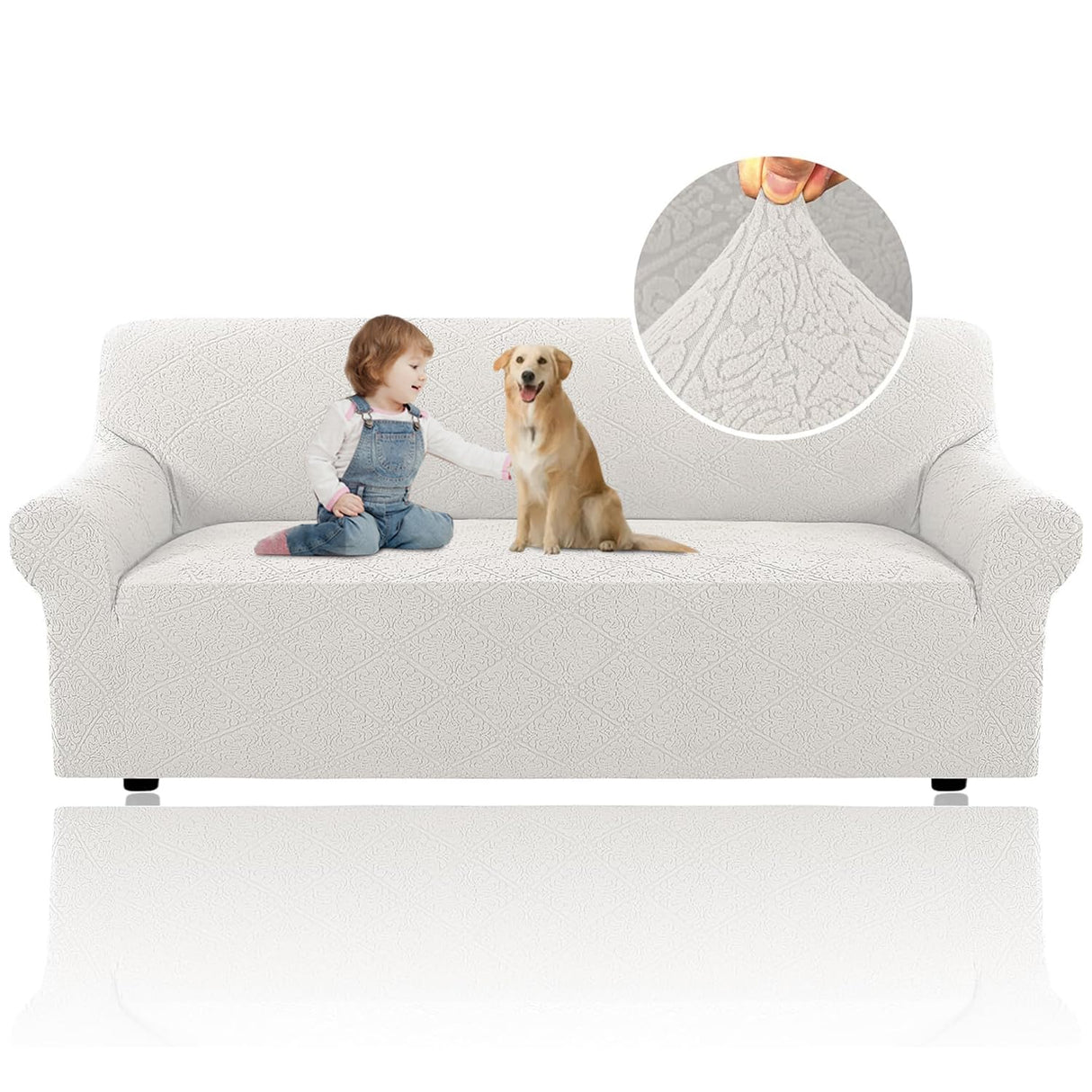 H.VERSAILTEX 2024 Newest Jacquard Couch Covers for 3 Cushion Couch 1 Piece Stretch Sofa Covers Furniture Protector Anti-Slip Soft Thickened Dogs Slipcovers Washable Damask Pattern(Sofa, Pale Oak)