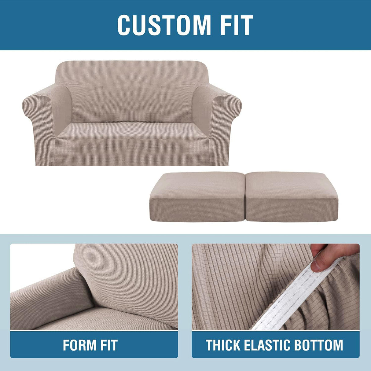 H.VERSAILTEX 3 Piece Stretch Sofa Covers for 2 Cushion Sofa Couch Covers for Living Room Furniture Cover (Base Cover Plus 2 Seat Cushion Covers) Thicker Jacquard Fabric(Large Sofa, Sand)