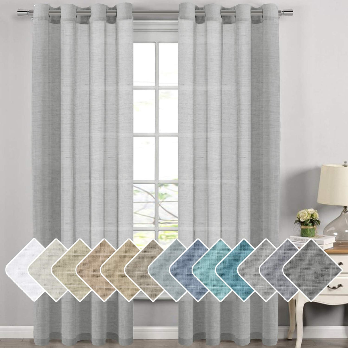 PrimeBeau Faux Linen Grommet Sheer Curtains - Set of 2 Panels 52 Series Long