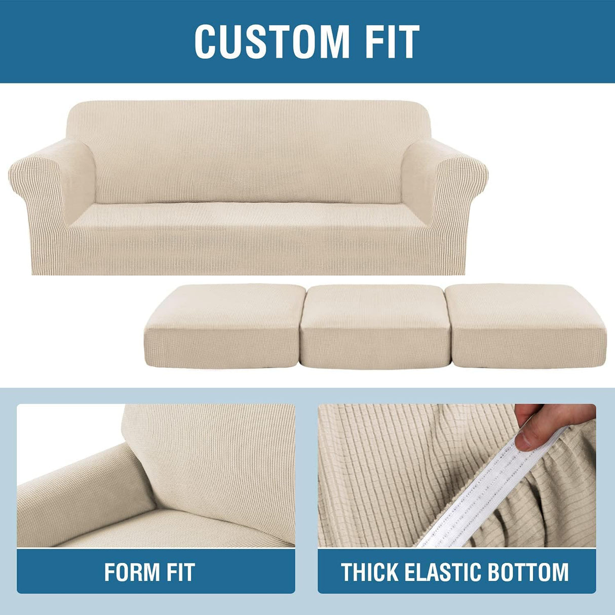 H.VERSAILTEX 4 Piece Stretch Sofa Covers for 3 Cushion Couch Covers Furniture Slipcovers for Living Room (1 Base Cover Plus 3 Seat Cushion Covers) Thicker Jacquard Fabric Cover (XL Sofa, Natural)