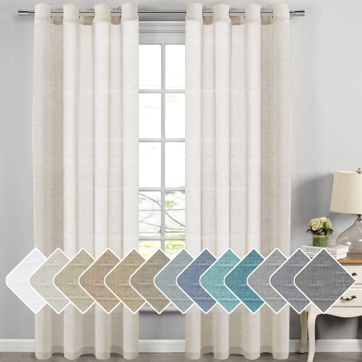 PrimeBeau Faux Linen Grommet Sheer Curtains - Set of 2 Panels 52 Series Long