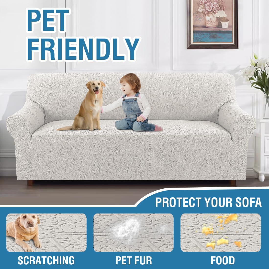 H.VERSAILTEX 2024 Newest Jacquard Couch Covers for 3 Cushion Couch 1 Piece Stretch Sofa Covers Furniture Protector Anti-Slip Soft Thickened Dogs Slipcovers Washable Damask Pattern(Sofa, Pale Oak)