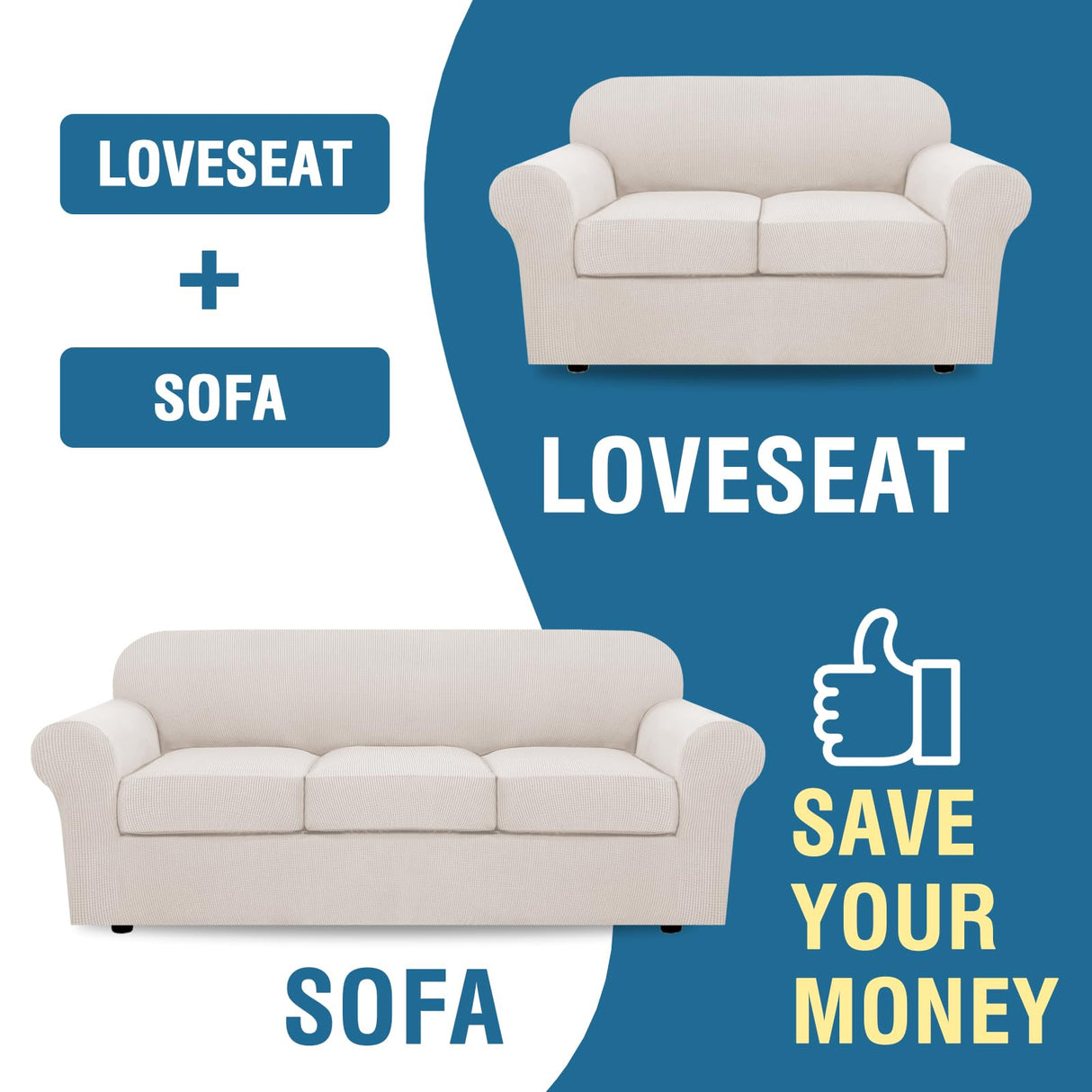 PrimeBeau Couch Cover Sets for Sofa Plus Loveseat, Stretch 4 Piece Sofa Covers for 3 Cushion Couch/3 Piece Loveseat Covers for 2 Cushion Couch with Thicker Jacquard Fabric(Total 7 Pieces)