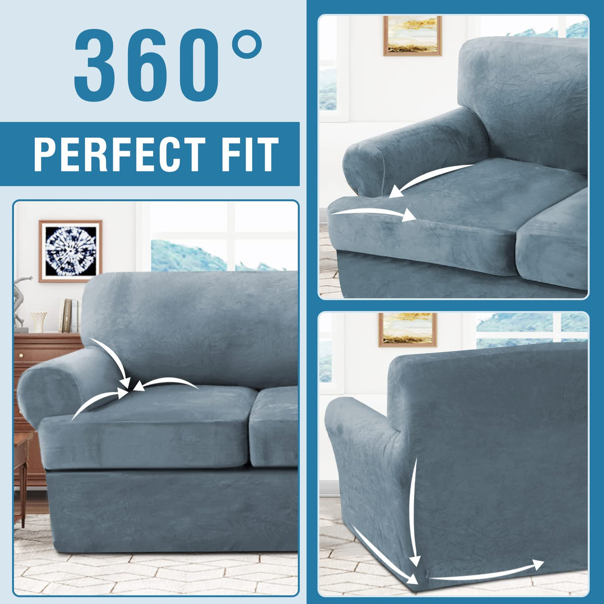 PrimeBeau Sofa Cover 3 Pieces T Cushion Loveseat Slipcovers Thick Velvet Couch Cover Furniture Protector Stretch T Cushion Sofa Covers for 2 Cushion Couch with 2 T Cushion Covers Washable