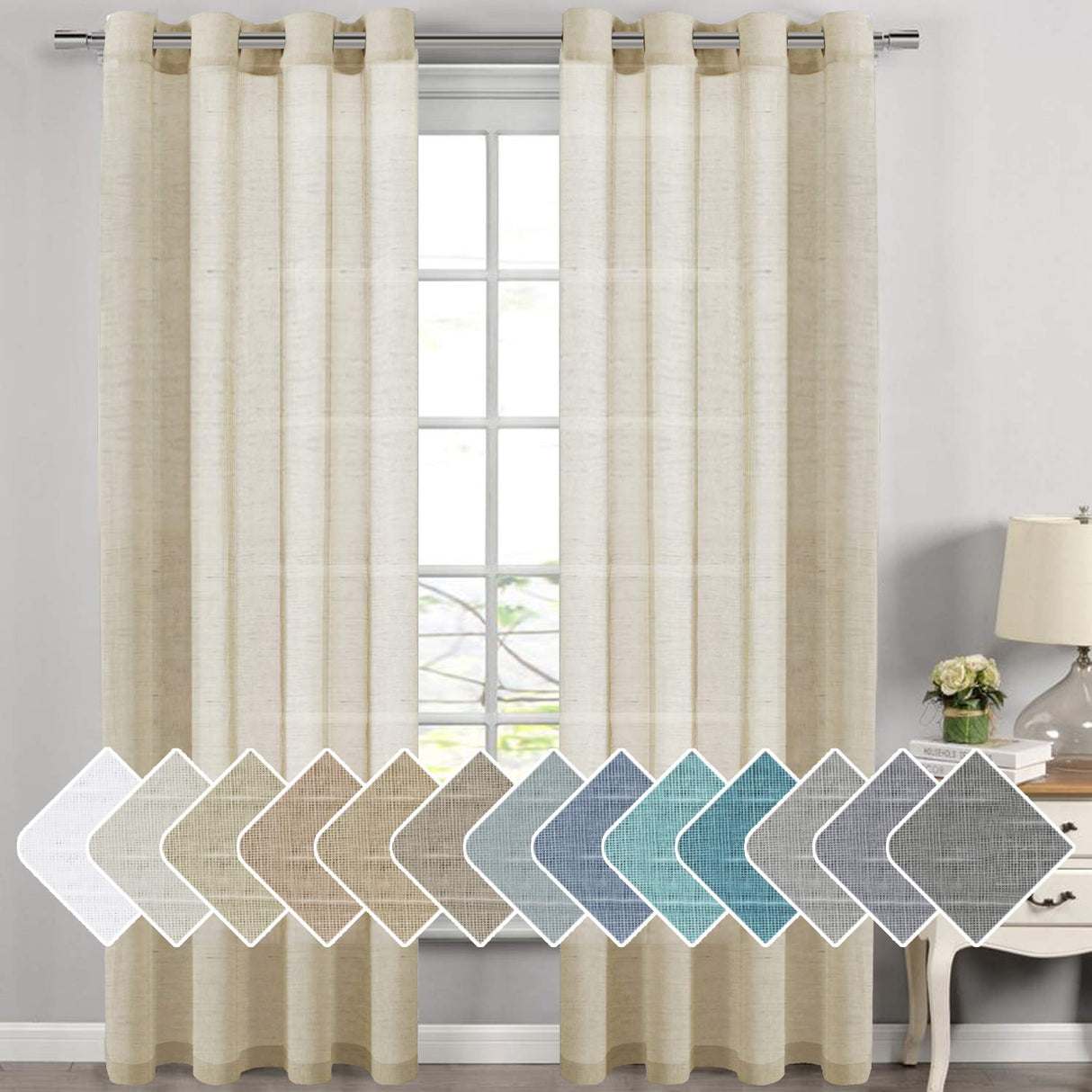 PrimeBeau Faux Linen Grommet Sheer Curtains - Set of 2 Panels 52 Series Long