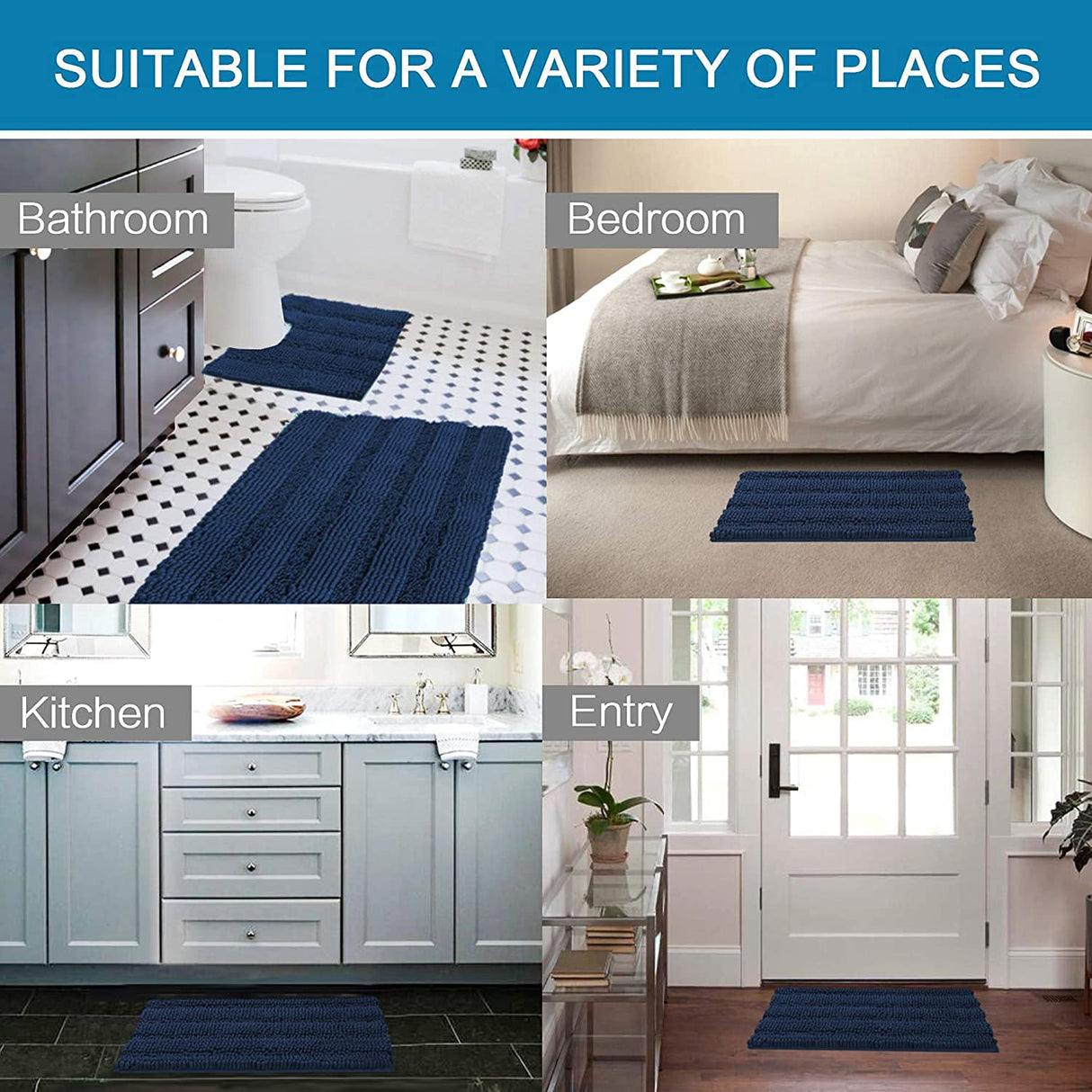 PrimeBeau 3 Piece Thick Striped Bathroom Rugs Set Non Slip Absorbent Soft Bath Mat (17''x24''+20''x32''+20''x24'' U-Shaped)