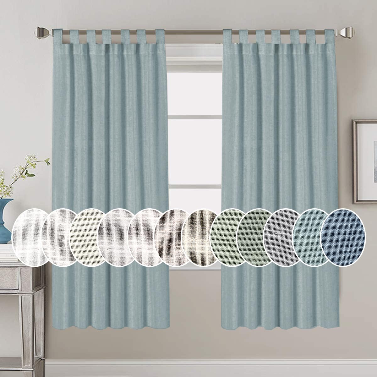 PrimeBeau Natural Linen Mix Tab Top Curtains, Light Filtering Panels (Set of 2)