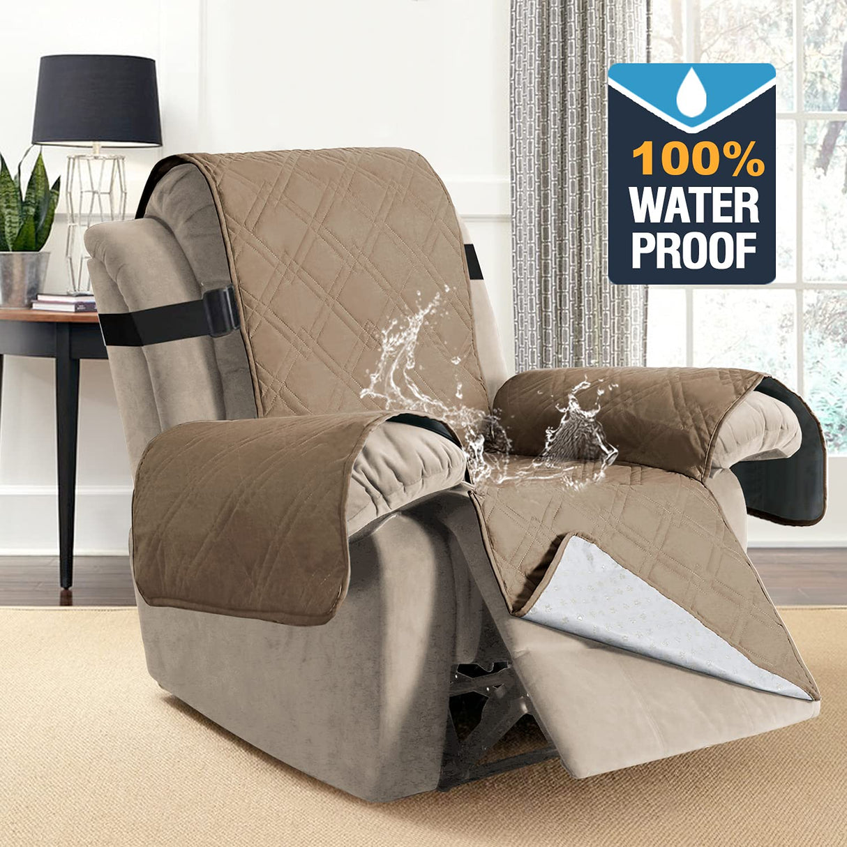 PrimeBeau Recliner Cover Waterproof Recliner Chair Cover Non-Slip Fabric Dog Chair Cover for Large Recliner Washable Furniture Protector for Pets Kids Children Dog (Oversized Recliner, Taupe)