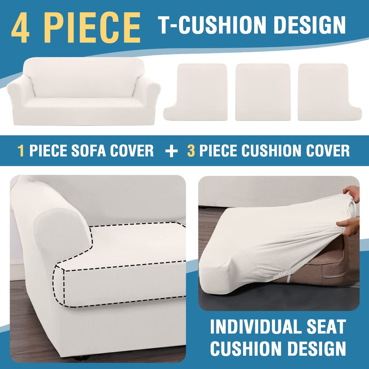 PrimeBeau 4 Pieces T Cushion Sofa Slipcovers Couch Cover for 3 Cushion Couch Non Slip Super Stretch Soft Washable Furniture Protector with 3 Individual T Cushion Covers