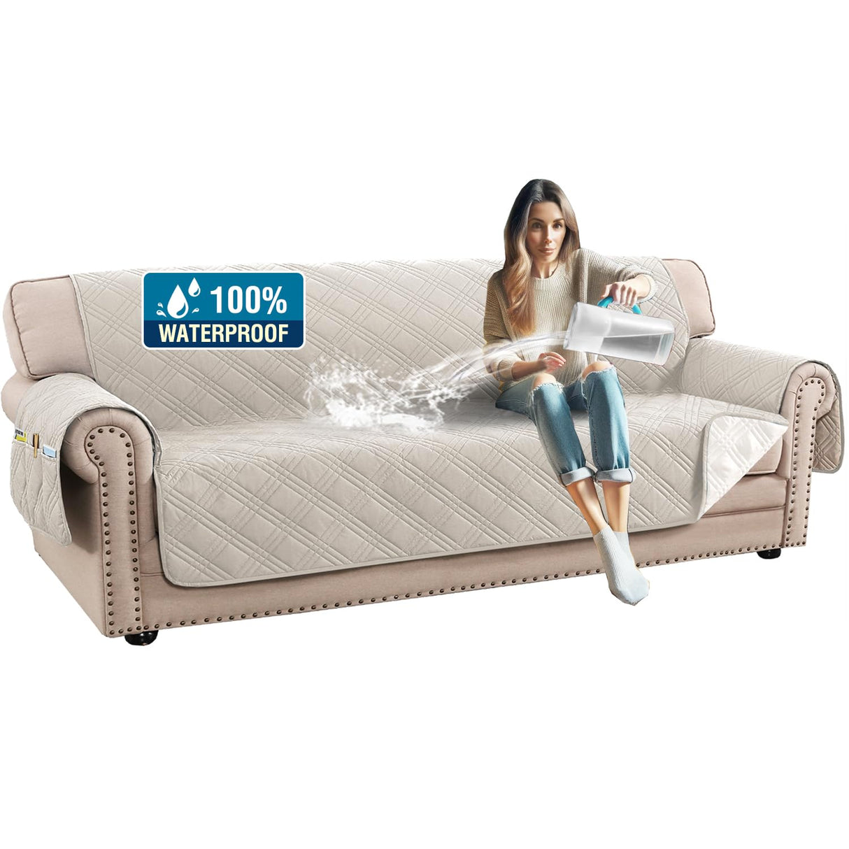 PrimeBeau 100% Waterproof Sofa Covers Washable,Thick Soft Couch Cover for Dogs with Elastic Straps (Sofa & Oversize Sofa, Diamond Shape)